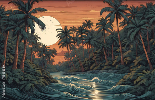 River painting in the tropical forest with full moon view. Generative ai