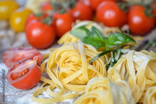 Fresh fettuccine pasta nests with ripe red tomatoes and green basil leaves on a floured surface, ready for cooking. photo