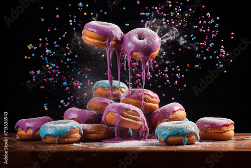 Sweet Symphony, Colorful Doughnuts in a Shower of Powdered Sugar. AI Generative.