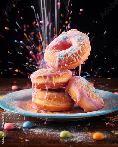 Sweet Symphony, Colorful Doughnuts in a Shower of Powdered Sugar. AI Generative.