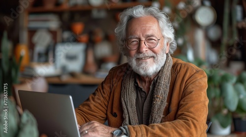 elderly man smiling sitting in front of laptop