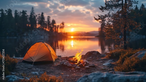 A tent is pitched and a campfire is blazing in the wilderness as the sun sets