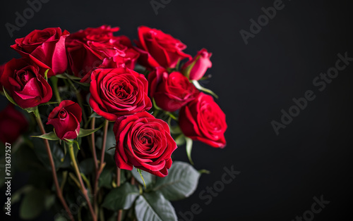 Bouquet of red roses on a black background with copy space