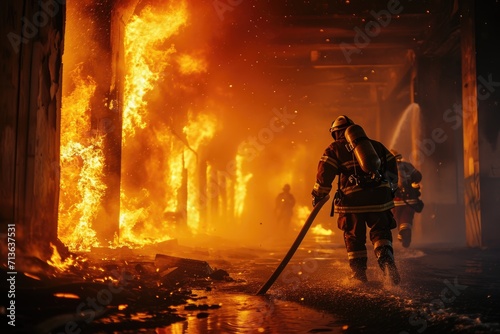 Heroes at Work: Firefighters Brave the Danger, Extinguishing a Fierce Fire Within a Building, Demonstrating Teamwork, Bravery, and Their Role as Peacekeepers in Times of Crisis.