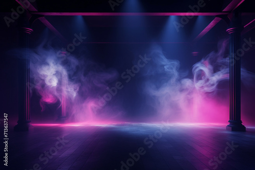 The dark stage shows, empty dark blue, purple, pink background, neon light, spotlights, The asphalt floor and studio room with smoke float up the interior texture for display products © Studio Art