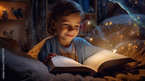 Young Boy Reading Book on Bed, World Book Day