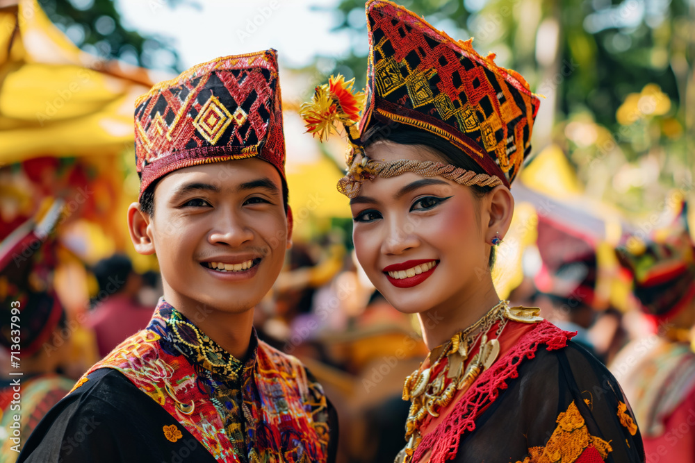 A young Balinese couple in traditional attire with patterned headpieces smiles at a cultural event.