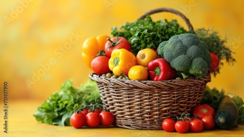 Basket with foods on yellow background