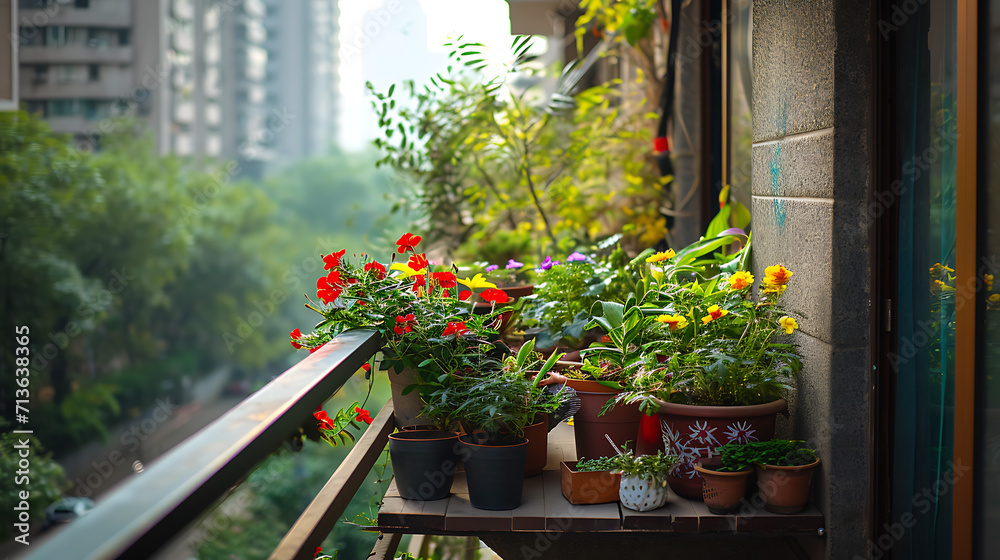Plantas e flores em vasos enfeitam a estreita varanda de um apartamento em altura adicionando um toque de natureza à paisagem urbana