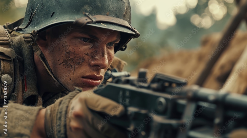 Frontline Valor: A Young Military Officer in World War II Armed on the Battlefield, a Moment of Courage and Duty.