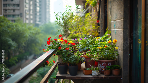 Plantas e flores em vasos enfeitam a estreita varanda de um apartamento em altura adicionando um toque de natureza à paisagem urbana photo