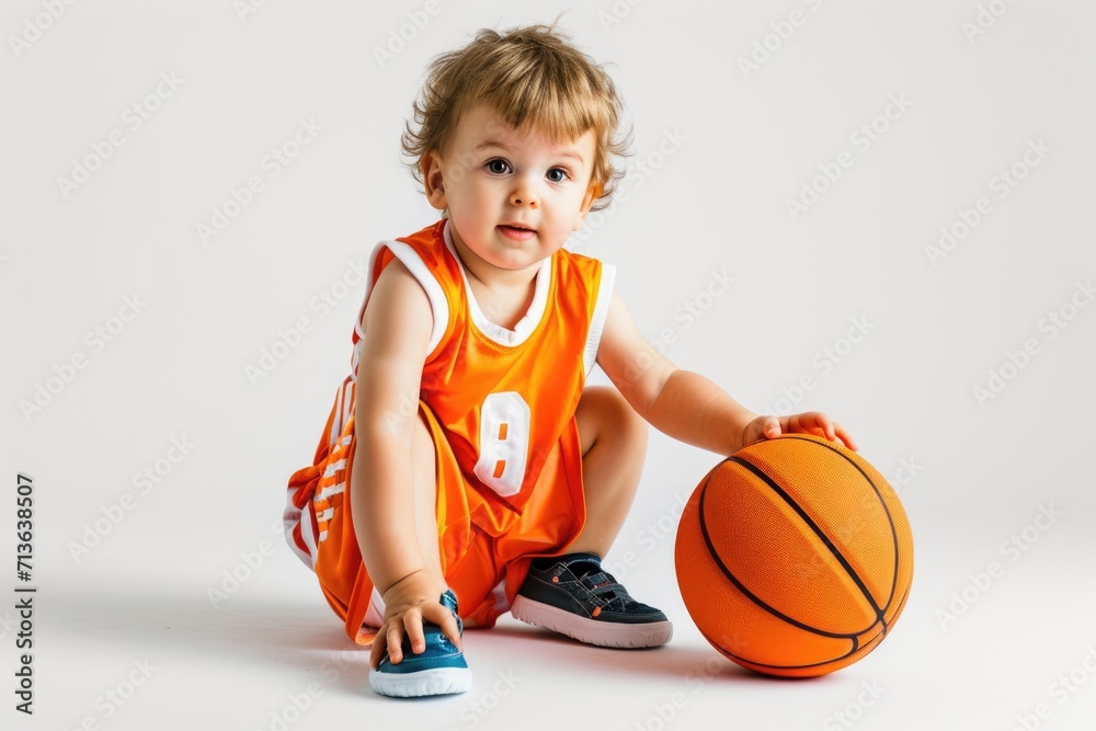 Toddler Basketball Player Costume: Full Body Kid on White Background with copy space Toddler Basketball Player Costume: Full Body Kid on White Background with copy space