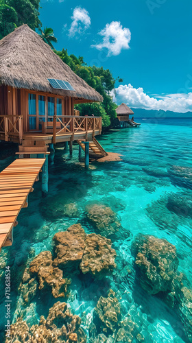 wooden walkways over the water of the sea