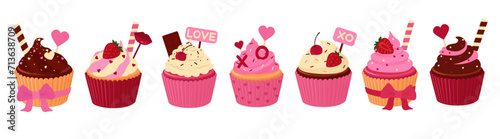 Set of many tasty cupcakes for Valentine s Day on white background