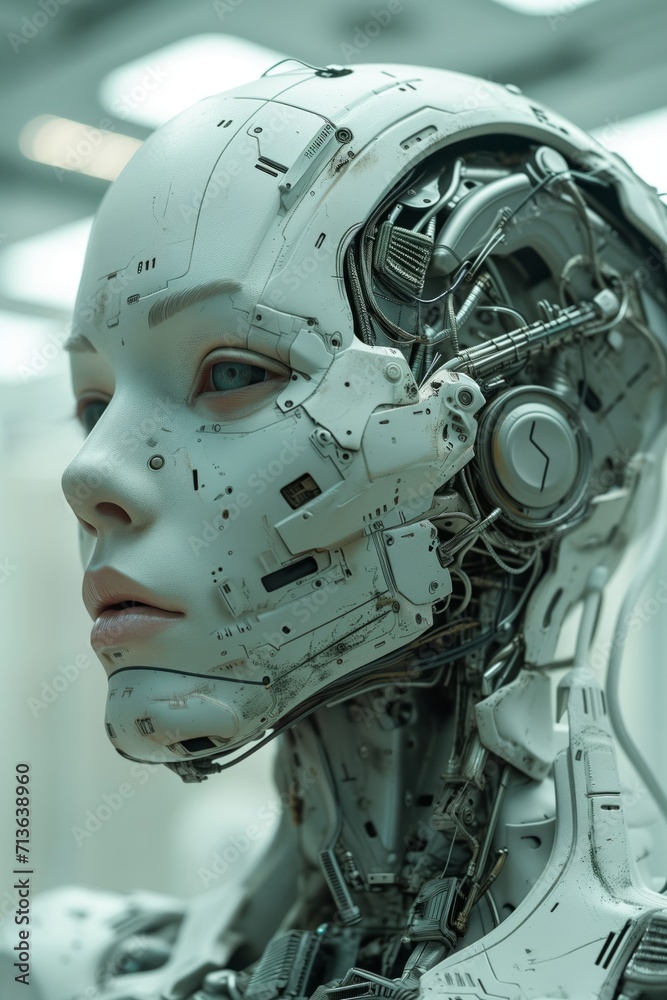 Intricate Humanoid Robot Head Showcasing Advanced Technology in a Laboratory Setting Intricate Humanoid Robot Head Showcasing Advanced Technology in a Laboratory Setting