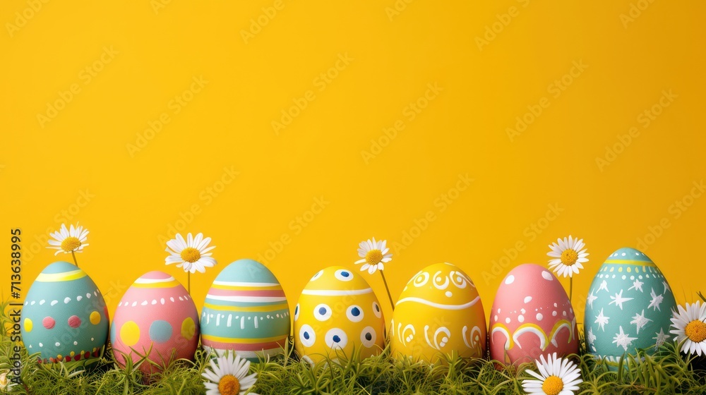 Easter background with colorful egg decorations and ample copy space for text