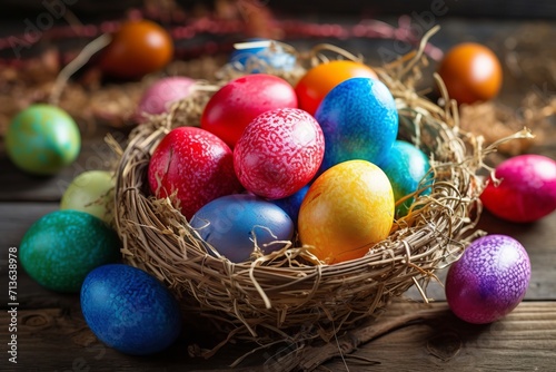 Colorful Easter eggs in a nest on a wooden background