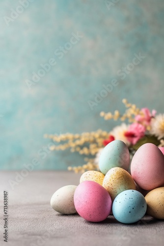 Colorful Easter Eggs Arranged on blue Background with copy space