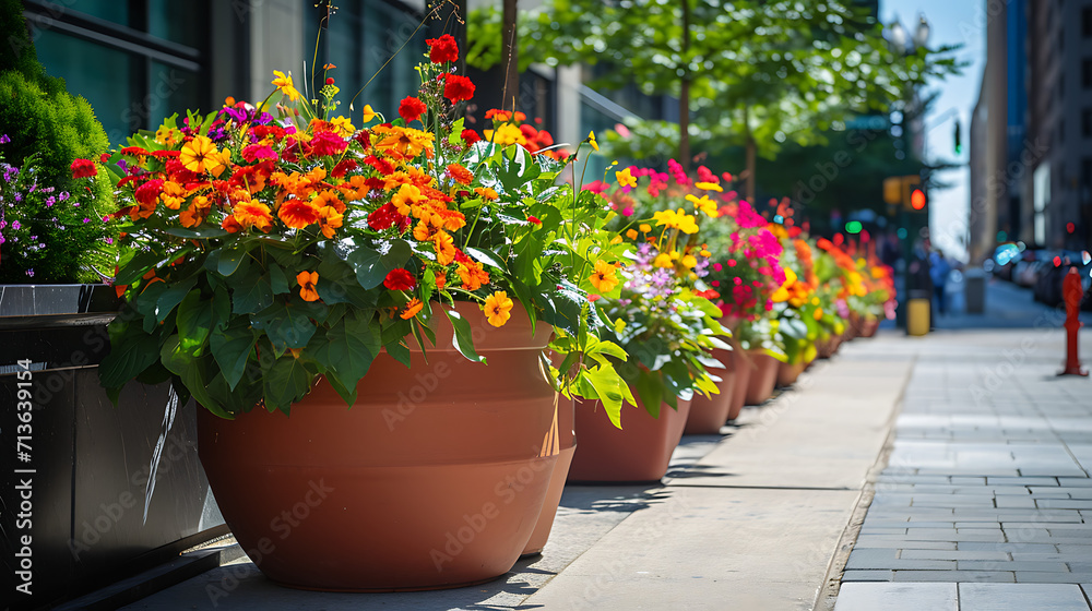 Fileiras de plantas e flores vibrantes em vasos adornam a movimentada calçada da cidade trazendo uma explosão de cor para a paisagem urbana