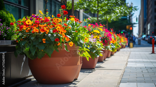 Fileiras de plantas e flores vibrantes em vasos adornam a movimentada cal  ada da cidade trazendo uma explos  o de cor para a paisagem urbana