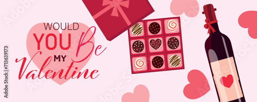 Festive banner for Valentines Day celebration with bottle of wine and chocolate candies