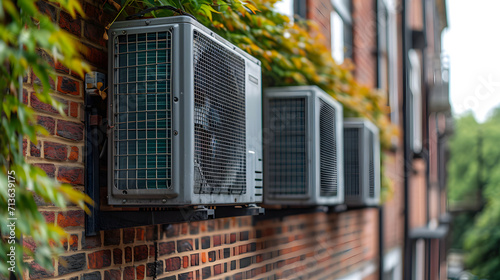 Modern heat pump on the side of a brick building photo