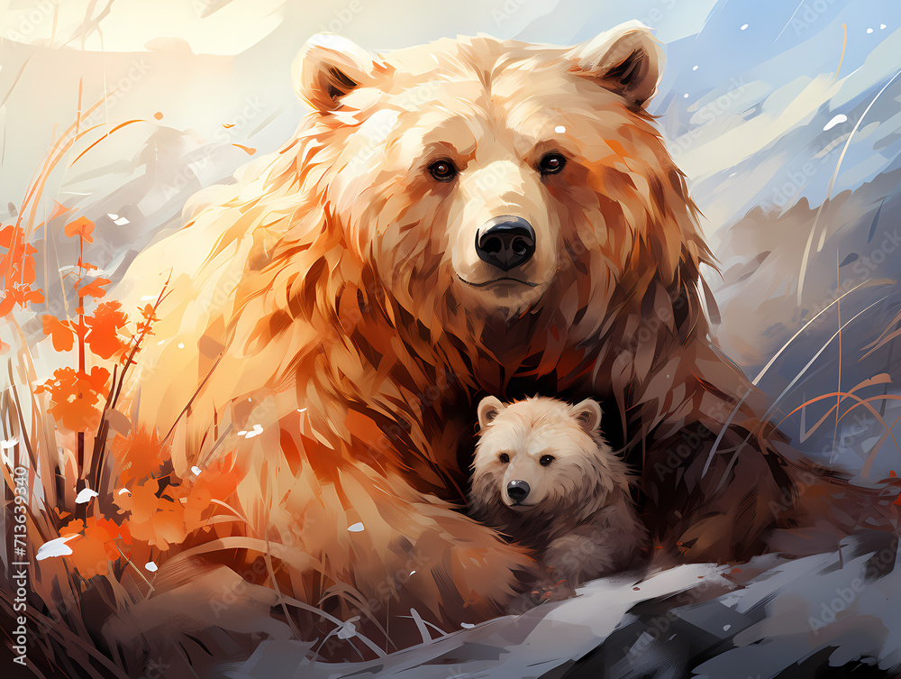 A realistic painting depicts a bear standing near a small cub. The bear watches protectively over its offspring, showcasing a tender moment in the wild.