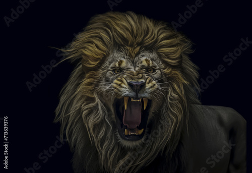 A close up of a lion showing its teeth with its mouth wide open.