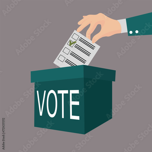 Hand putting ballot paper in voting box on grey background