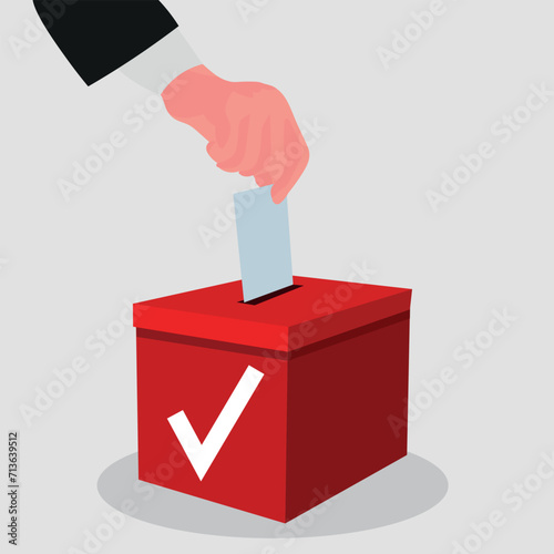 Hand putting ballot paper in voting box on light background