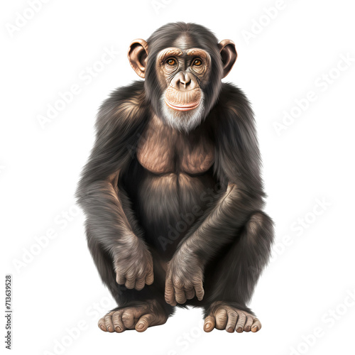 Chimpanzee full body portrait, sitting isolated on white background