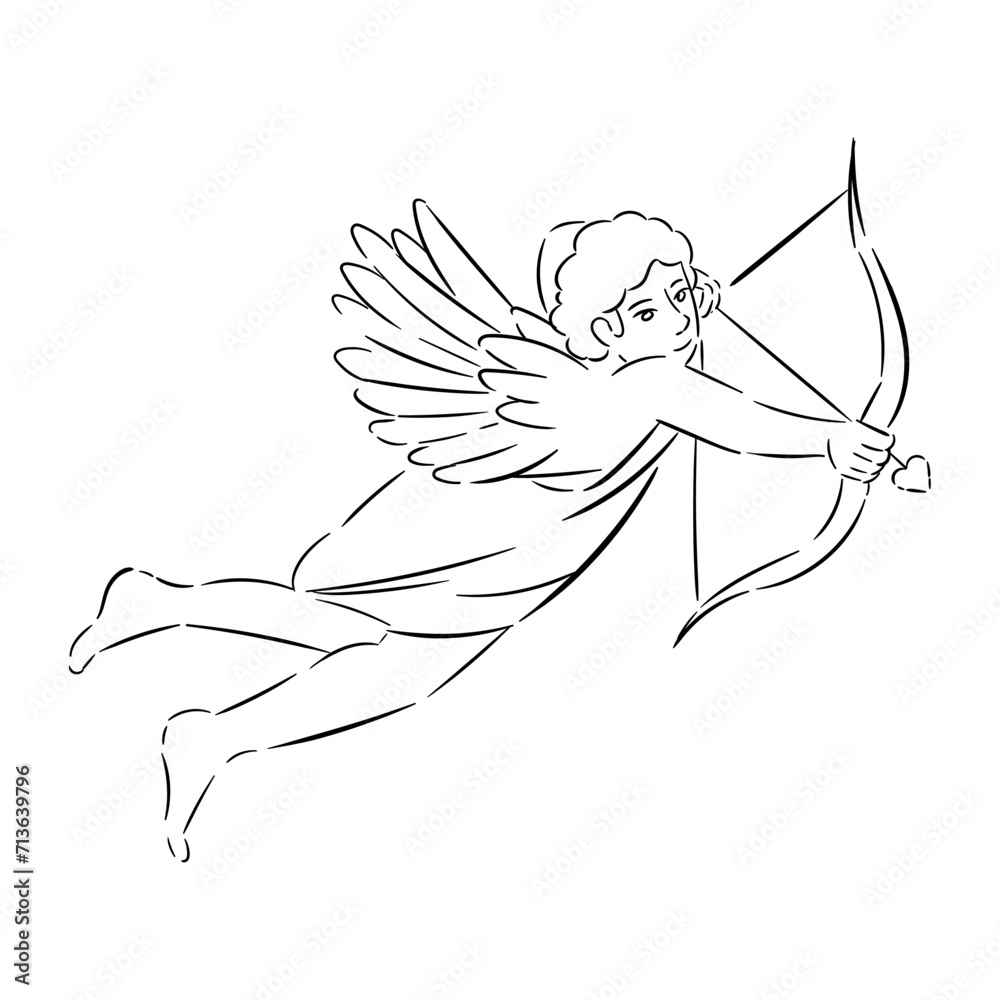 Fototapeta premium Drawn Cupid with bow and arrow on white background