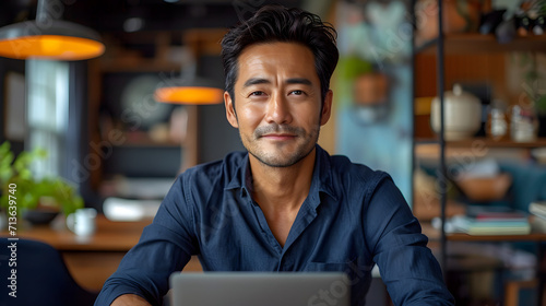 Smile middle-aged asian businessman in a crisp, tailored blue shirt sits confidently at his desk in office 