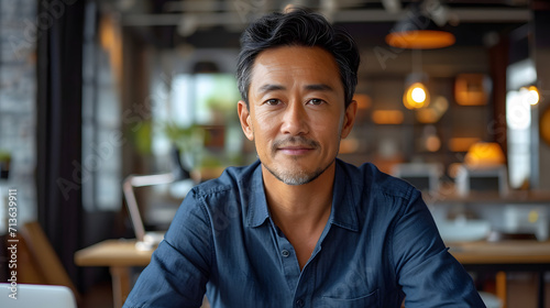 Smile middle-aged asian businessman in a crisp, tailored blue shirt sits confidently at his desk in office  photo
