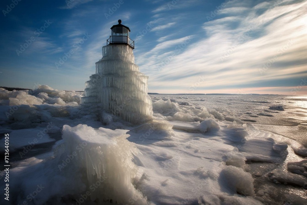 Lighthouse covered in ice and unable to function. Generative AI