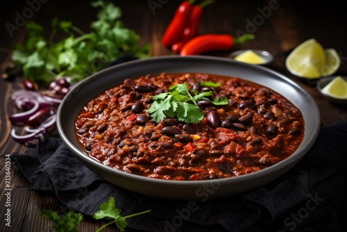 Plant-based chili with black beans on a plain surface. Generative AI photo