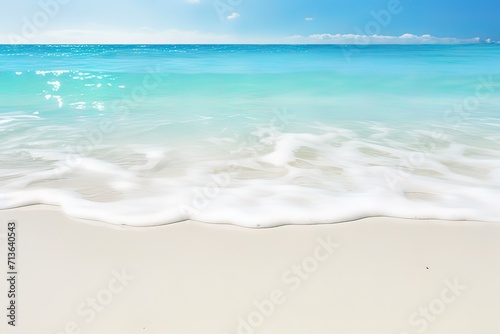 white sand beach with blue water wave, beautiful empty abstract idyllic summer vacation frame background with copy space 