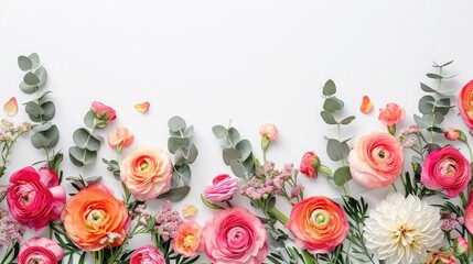 Floral border of pink and orange ranunculus, hyacinth and eucalyptus on a white background. Top view