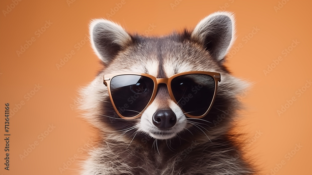 Fashionable raccoon in sunglasses on studio background, with copy space