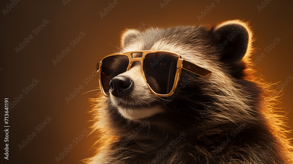Fashionable raccoon in sunglasses on studio background, with copy space Fashionable raccoon in sunglasses on studio background, with copy space