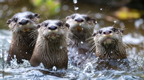 Group of wet Asian small-clawed otters swimming in water © buraratn
