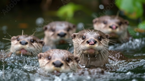 Group of wet Asian small-clawed otters swimming in water © buraratn