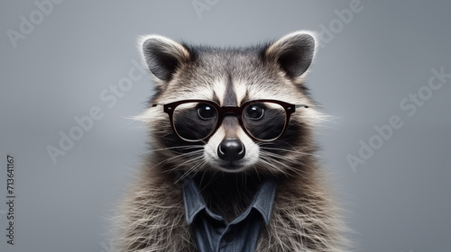 Stylish portrait of an anthropomorphic raccoon wearing glasses with copy space. © Рита Конопелькина