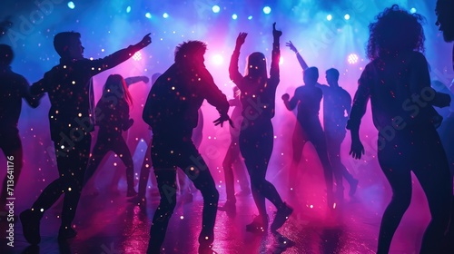 Nightlife and disco concept. Young people are dancing in club