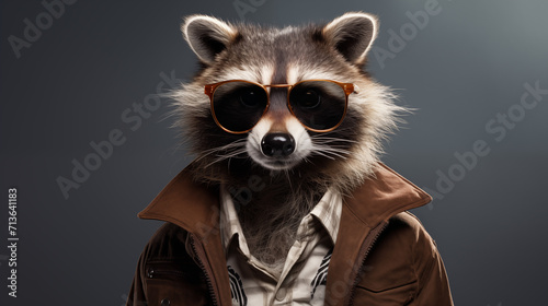 Stylish portrait of an anthropomorphic raccoon wearing glasses with copy space. © Рита Конопелькина