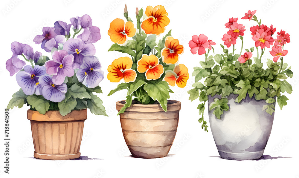 Beautiful watercolor flower pots, Generative AI