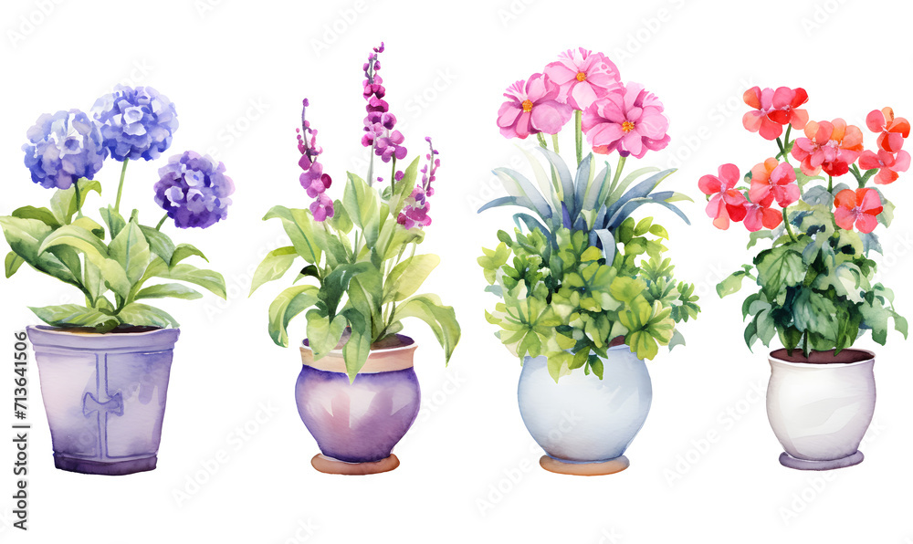 Beautiful watercolor flower pots, Generative AI