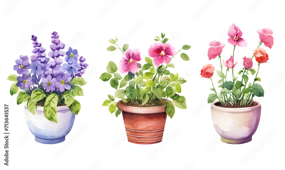 Beautiful watercolor flower pots, Generative AI