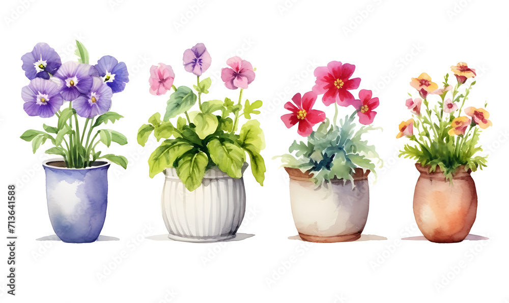 Beautiful watercolor flower pots, Generative AI Beautiful watercolor flower pots, Generative AI