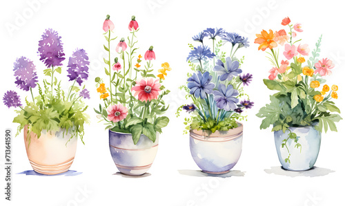 Beautiful watercolor flower pots  Generative AI